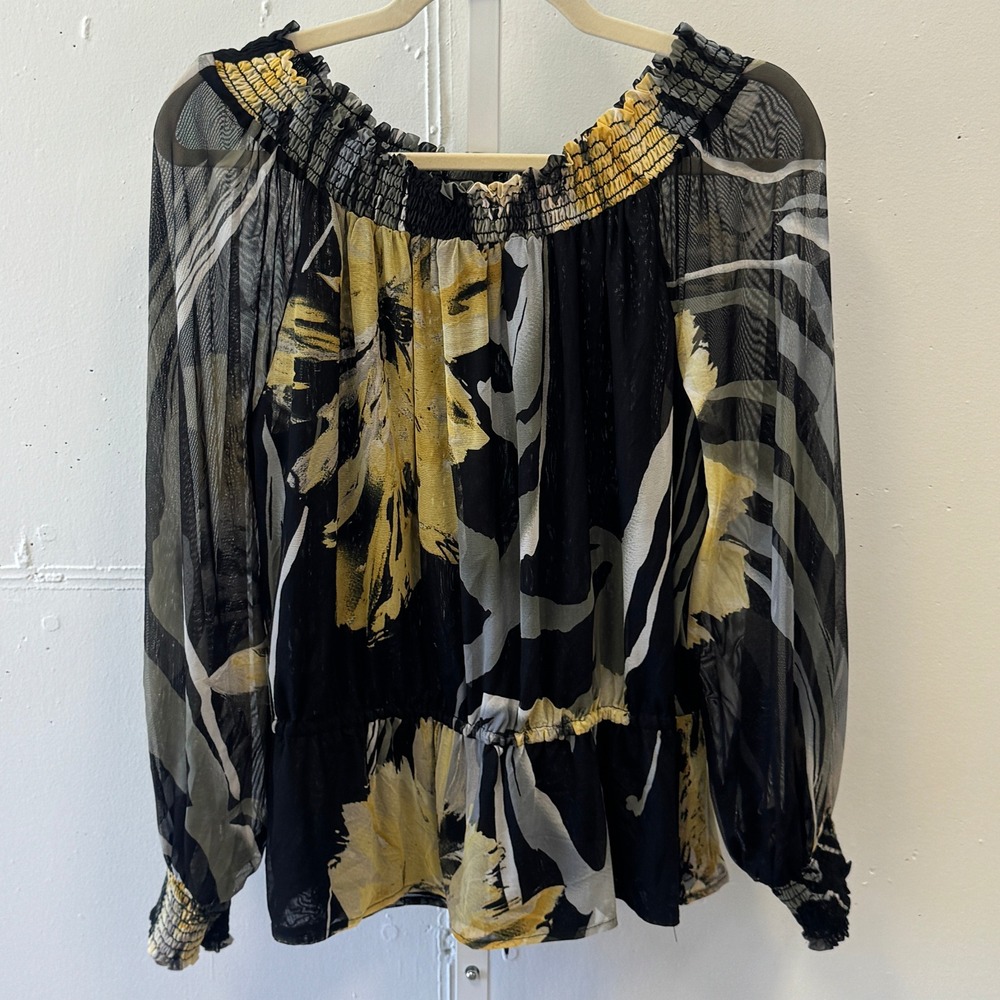 Frank Lyman Design Floral Off The Shoulder Smocked Blouse Sheer Peplum Top Sz 14